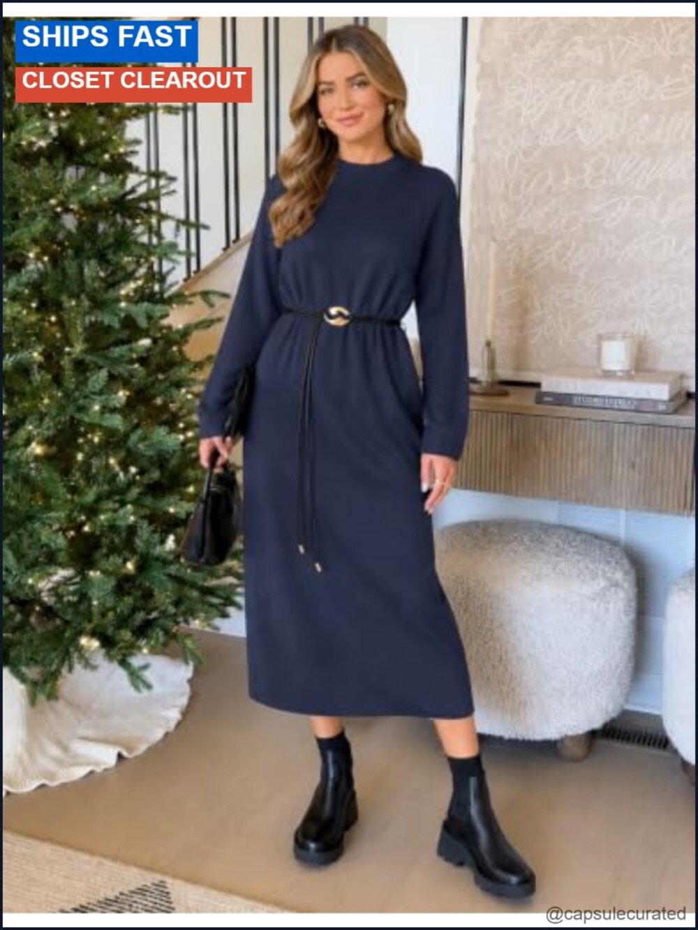 Women's Fall Sweater Dress Long Sleeve Midi Knit Belted - Picture 2 of 6